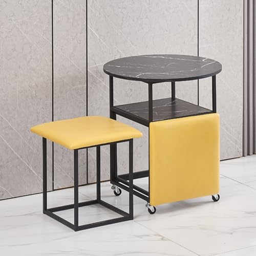 5 in 1 Kombination Esstisch mit 4 Hocker, Platzsparender Nestbarer Endtisch, Stapelbarer Osmanischer Hocker Fußstütze Home Cube Sofa Stuhl & Tisch(Yellow,Schwarzer Desktop) von ORICALCHASM
