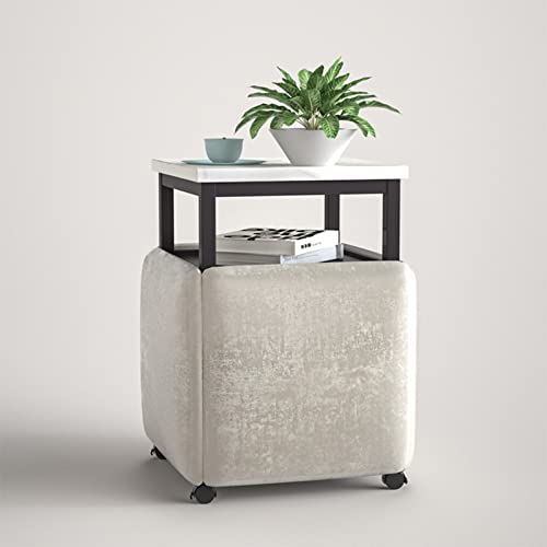 5-in-1 stapelbarer Beistelltisch, stapelbare Hocker, Ottomane und Couchtisch, 5-teiliges Set, Würfelstuhl mit Drehrollen, Fußhocker für Wohnzimmer, Heimbüro (hellgrau, weißer Schreibtisch) von ORICALCHASM