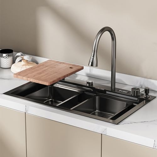 Nano Raindance Wasserfall-Küchenspüle, Edelstahlspüle mit digitaler Anzeige, Einbau- oder Unterbau-Installation, Mehrzweck-Aufsatzspüle, mit ausziehbarem Wasserhahn, Schneidebrett, Tassenspüle(75*45cm von ORICALCHASM