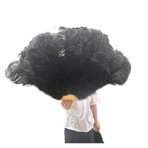 ORICALCHASM Faltbarer Handfächer für Damen, 13 Knochen Gelb Straußenfedern Fan 100CM Bühnenshow Performance Tanz Requisiten Flauschige Gefieder Fans Faltbar Mit Feder Fan Handwerk(Black,130CM) von ORICALCHASM