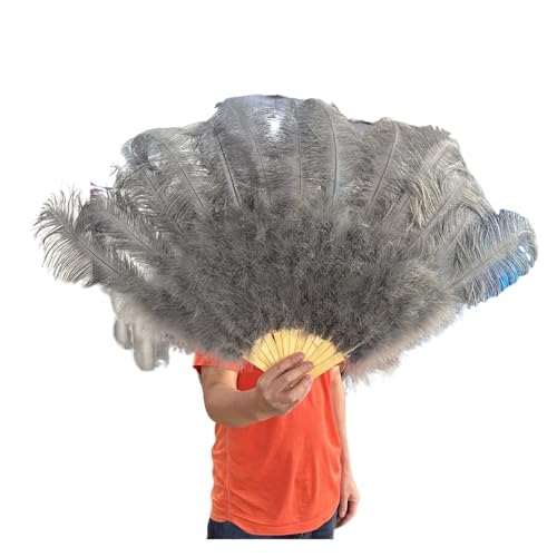 ORICALCHASM Faltbarer Handfächer für Damen, 13 Knochen Gelb Straußenfedern Fan 100CM Bühnenshow Performance Tanz Requisiten Flauschige Gefieder Fans Faltbar Mit Feder Fan Handwerk(Grey,130CM) von ORICALCHASM