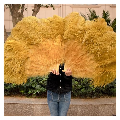 ORICALCHASM Faltbarer Handfächer für Damen, 13 Knochen Gelb Straußenfedern Fan 100CM Bühnenshow Performance Tanz Requisiten Flauschige Gefieder Fans Faltbar Mit Feder Fan Handwerk(Olive Green,130CM) von ORICALCHASM