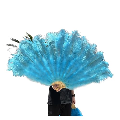 ORICALCHASM Faltbarer Handfächer für Damen, 13 Knochen Gelb Straußenfedern Fan 100CM Bühnenshow Performance Tanz Requisiten Flauschige Gefieder Fans Faltbar Mit Feder Fan Handwerk(Sky Blue,130CM) von ORICALCHASM