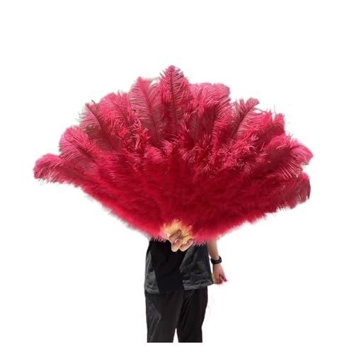 ORICALCHASM Faltbarer Handfächer für Damen, 13 Knochen Gelb Straußenfedern Fan 100CM Bühnenshow Performance Tanz Requisiten Flauschige Gefieder Fans Faltbar Mit Feder Fan Handwerk(Wine Red,130CM) von ORICALCHASM