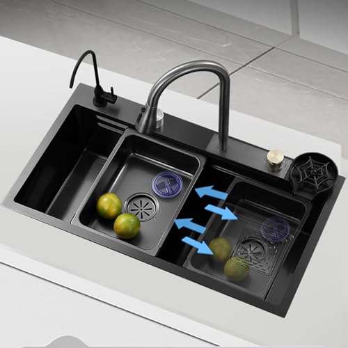 Wasserfall-Küchenspüle, schwarze Einzelbecken-Arbeitsplatz-Mehrzweckspülen aus Edelstahl 304, mit ausziehbarem Sprühkopfhahn, mit Unterlegscheibe, Einbau- oder Unterbaumontage(60 * 45cm) von ORICALCHASM