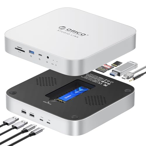 ORICO StudioLink Hub, Mac mini Dock mit M.2 SSD Gehäuse für NVME & SATA, USB A/C 3.2, 2 USB A 2.0, SD/TF Anschlüsse, 3.5mm AUX, 5V Stromanschluss, für Mac mini M1 M2 MC7P von ORICO