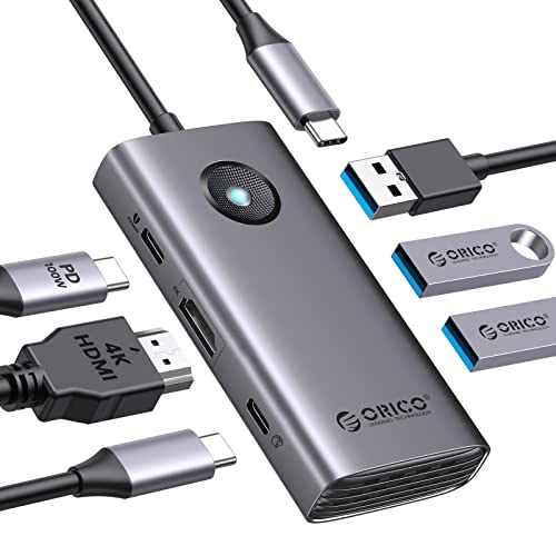 ORICO USB C Docking Station, 6 in 1 USB C Hub mit HDMI 4K+PD100W+3 USBA 3.0+USBC 3.0, USB C Dock Multiport Adapter für MacBook/Dell/HP/Surface/Lenovo von ORICO