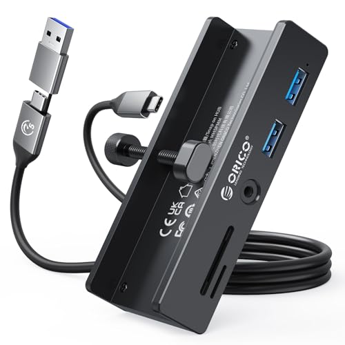 ORICO USB Hub 3.0, Clip-Typ USB Hub mit SD/TF Kartenleser, 5 in 1 USB Verteiler mit 2 USB-A 3.0 Ports, 3.5 mm Audio, 5Gbps, USB Splitter mit 5V Stromversorgungsanschluss, Für Monitore, Desktop von ORICO