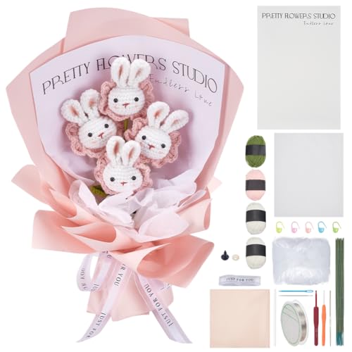 ORIGACH 10 Set Häkelset Für Anfänger, Süße Kaninchen Blumen Strauß Starter Häkelset Für Erwachsene Mit Schritt Für Schritt Videoanleitung von ORIGACH