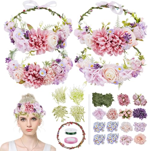 ORIGACH 109 Pcs DIY Blumenkranz Stirnband Set Haarreif Rosa Und Lila Blumen Basteln Kit Selber Machen Blumengirlande Blumenkranz Haare Deko Für Hochzeit Geburtstag Party Urlaub von ORIGACH