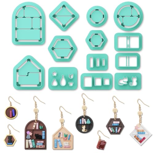 ORIGACH 13 Stück Mini Bücherregal Tonschneider Buch Polymer Clay Cutters Tonausstecher Im Vasenrahmen Design Für Ohrringe Mit Transparenter Aufbewahrungsbox von ORIGACH