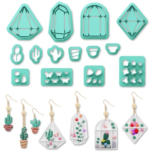 ORIGACH 14 Stück Terrarien Und Kaktus Tonausstecher Polymer Ton Schneider Tonausstecher Mit Blumenhaus Design Für Ohrringe Mit Transparenter Aufbewahrungsbox von ORIGACH