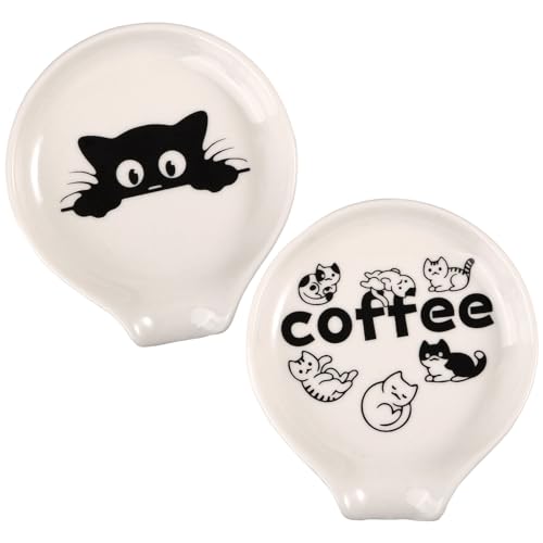 ORIGACH 2 Stück Katze Keramik Löffelablage Weiß Löffelhalter für Kaffeelöffel Porzellan, Kaffeestation Dekor, Kaffee Bar Zubehör, Kaffeeliebhaber Geschenk für Frauen und Männer von ORIGACH