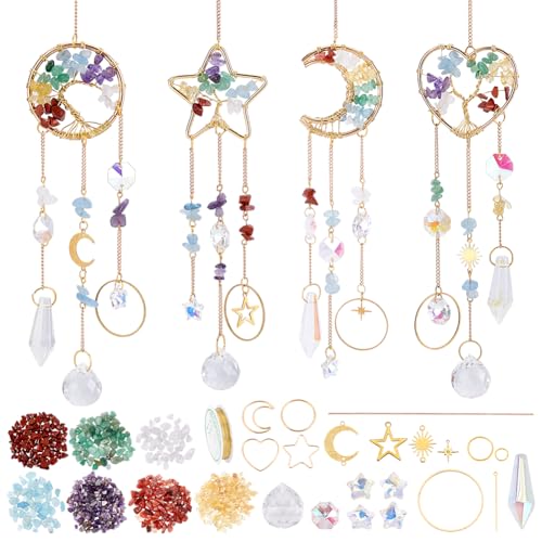 ORIGACH 4 Set Sonnenfänger Kristall Bastelset, 7 Chakra Baum des Lebens DIY Sonnenfänger Fenster Deko, Kristall Sonnenfänger Windspiel Hanging Ornament für Zuhause Büro Garten Outdoor von ORIGACH