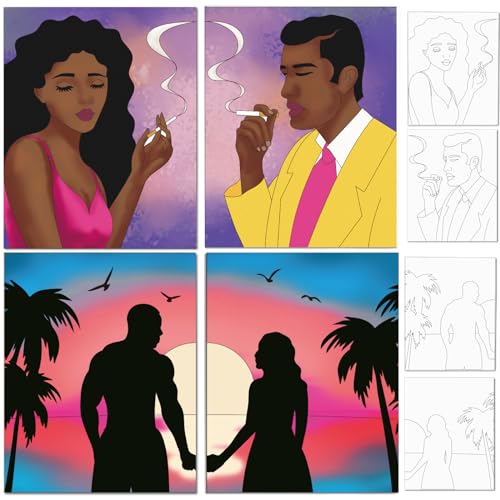ORIGACH 4er-Pack Liebhaber-Thema vorgezeichnetes Leinwand Malset für Erwachsene, 20x25 cm Afroamerikanisches Mädchen Junge Leinwand-Malset, DIY-Farbe und Sip-Party-Zubehör, Valentinstagsgeschenk von ORIGACH