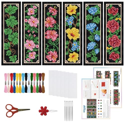 ORIGACH 6 Stück Lesezeichen Kreuzstich Kits, Blumen Und Rankenmotiv Anfänger Kreuzstich Set Mit Anleitung Vorgedruckt Lesezeichen Kreuzstich Set für Erwachsene, 20x6 cm von ORIGACH