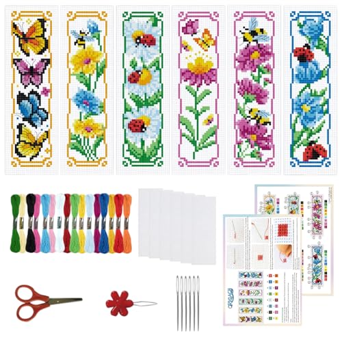 ORIGACH 6 Stück Lesezeichen Kreuzstich Kits, Blumen Und Schmetterlinge Anfänger Kreuzstich Set Mit Anleitung Vorgedruckt Lesezeichen Kreuzstich Set für Erwachsene, 20x6 cm von ORIGACH