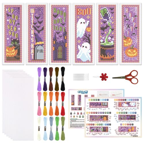 ORIGACH 6 Set Lesezeichen Kreuzstich Kits, Halloween Fledermaus Anfänger Kreuzstich Set Mit Anleitung Vorgedruckt Lesezeichen Kreuzstich Set für Erwachsene, 21.7 x 7.6cm von ORIGACH