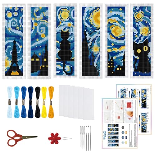 ORIGACH 6 Stück Lesezeichen Kreuzstich Kits, Sternennacht Und Schwarze Katze Anfänger Kreuzstich Set Mit Anleitung Vorgedruckt Lesezeichen Kreuzstich Set für Erwachsene, 20x6 cm von ORIGACH