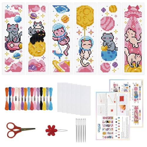 ORIGACH 6 Stück Lesezeichen Kreuzstich Kits, Süße Katzen Im Weltraum, Anfänger Kreuzstich Set Mit Anleitung, Vorgedruckt, 20x6 cm von ORIGACH