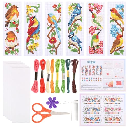 ORIGACH 6 Stück Lesezeichen Kreuzstich Kits, Vögeln Und Blumen Anfänger Kreuzstich Set Mit Anleitung Vorgedruckt Lesezeichen Kreuzstich Set für Erwachsene, 20x6 cm von ORIGACH