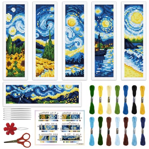 ORIGACH 6 Stück Lesezeichen Kreuzstich Kits, Wirbelnder Nachthimmel Anfänger Kreuzstich Set Mit Anleitung Vorgedruckt Lesezeichen Kreuzstich Set für Erwachsene, 20x6 cm von ORIGACH