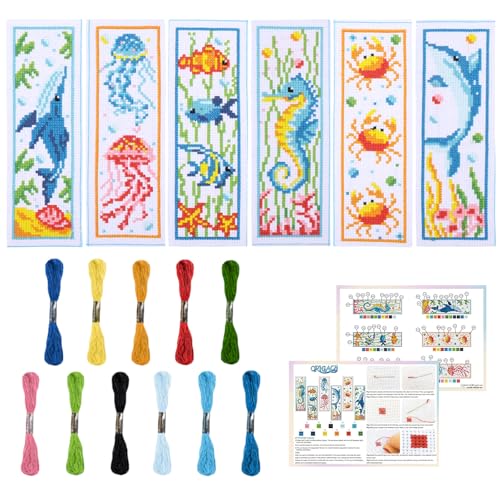 ORIGACH 6 Stück Meerestiere Kreuzstich-Lesezeichen-Set für Anfänger mit Unterlage Filzwolle Anleitung DIY gestempelte Stickerei Lesezeichen-Set für Erwachsene, Buch-Liebhaber von ORIGACH