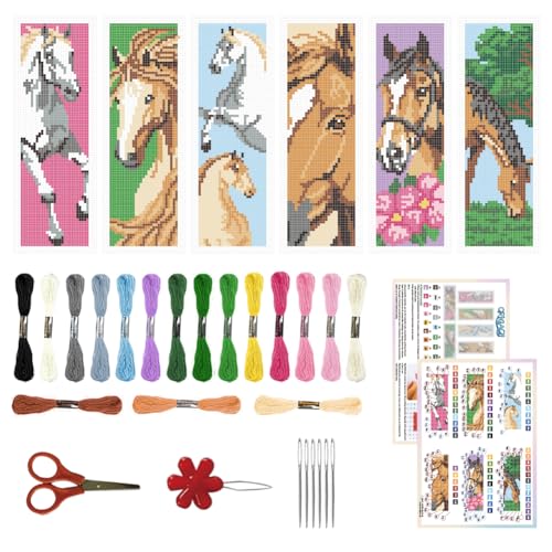 ORIGACH 6 Set Pferdenmotiv Kreuzstich-Lesezeichen-Set für Anfänger mit Unterlage Filz Anleitung für Erwachsene, Buch-Liebhaber von ORIGACH