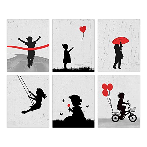 ORIGACH 6 Stück Banksy Leinwand Wandkunst, 20x25cm Abstrakte Graffiti Wanddekoration - Es gibt Immer Hoffnung - Schwarz Rot und Grau Ungerahmte Kinder Leinwand Wanddrucke für Schlafzimmer Wohnzimmer von ORIGACH