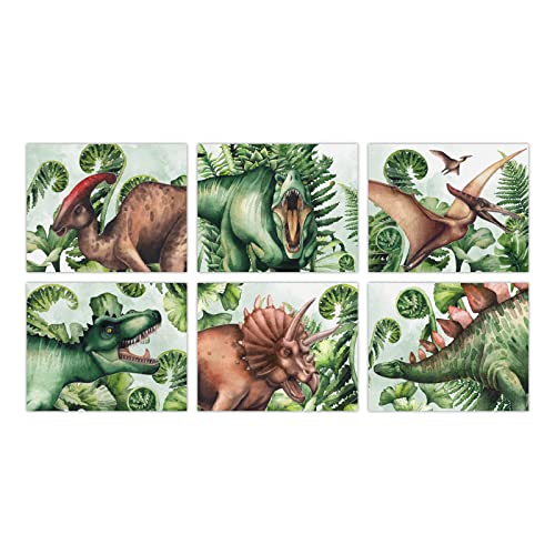 ORIGACH 6 Stück Dinosaurier Leinwand Kunst Poster, 20x25 cm Aquarell Dinosaurier Wanddekoration Drucke für Jungen Zimmer, Dinosaurier ungerahmt Kunstdrucke Dekor für Jungen Schlafzimmer von ORIGACH