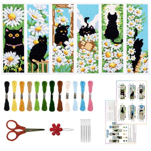 ORIGACH 6 Stück Lesezeichen Kreuzstich Kits, Katze Und Gänseblümchen Anfänger Kreuzstich Set Mit Anleitung Vorgedruckt Lesezeichen Kreuzstich Set für Erwachsene, 20x6 cm von ORIGACH