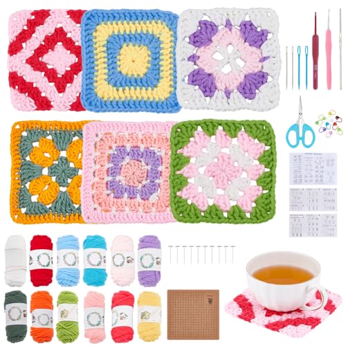 ORIGACH 6 in 1 Granny Square Häkelset Für Anfänger, DIY Blumen Granny Square Starter Häkelset Für Erwachsene Mit Häkelblockiermatte Schritt Für Schritt Videoanleitung von ORIGACH