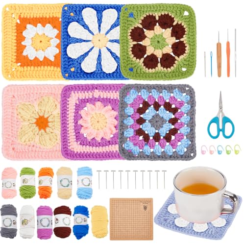 ORIGACH 6 in 1 Granny Square Häkelset Für Anfänger, DIY Starter Häkelset Für Erwachsene Mit Häkelblockiermatte Schritt Für Schritt Videoanleitung von ORIGACH