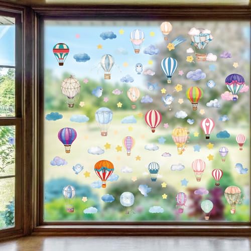 ORIGACH 9 Blätter Heißluftballons Fensteraufkleber Aquarell Heißluftballon Doppelseitige Fensterabziehbilder Wolke Stern Vogel Antikollision Glas Fenster Dusche Tür Aufkleber Schlafzimmer Wohnzimmer von ORIGACH