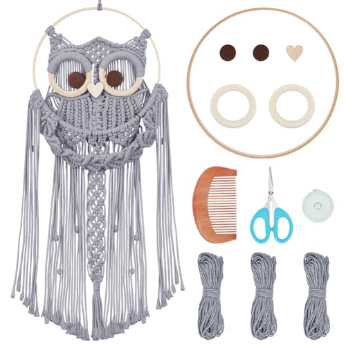 ORIGACH DIY Makramee Eule Wandteppich Kit dunkelgrau Baumwolle handgefertigt Makramee Eule Kit mit Video-Tutorial gewebt Makramee niedlich Wand hängende Dekoration für Schlafzimmer Wohnzimmer von ORIGACH