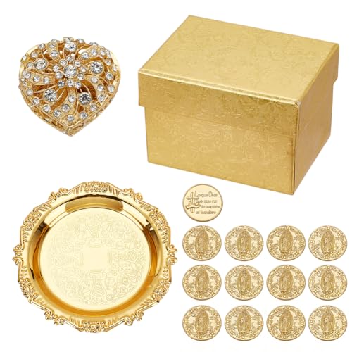 ORIGACH Goldenes Hochzeits Arras Münzen Set Arras De Boda Herzförmige Box Mit 13 Jesus Münze Und Geprägtem Tablett Hochzeitsaccessoires Für Die Zeremonie von ORIGACH