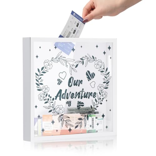 ORIGACH Größ Abenteuer Archivbox 29 x 29 cm, Reise Sammelbox Ticket Schattenbox Objektrahmen Shadow Box Holzrahmen Reisetickets Box Für Reisen Erinnerungen Abenteuer Geschenk, Herz Hintergrund von ORIGACH