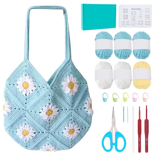 ORIGACH Häkel Tasche Set Für Anfänger, DIY Daisy Granny Square Tasche Starter Häkelset Für Erwachsene Mit Schritt Für Schritt Videoanleitung, Hellblau von ORIGACH