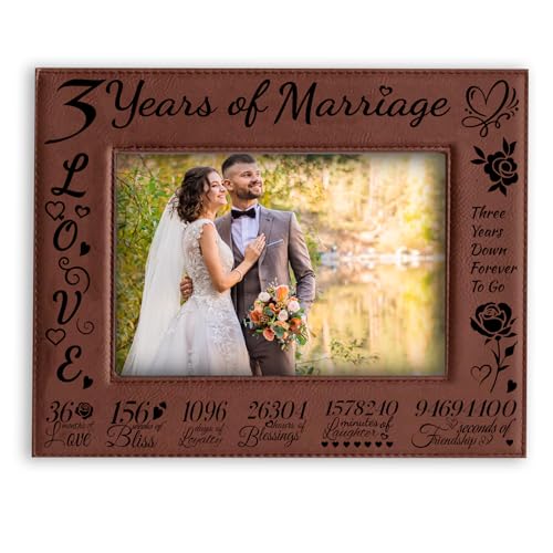 ORIGACH Leder Fotorahmen-3 Years of Marriage- Down Forever to Go, Hanging/Tabletop Bilderrahmen Aus Leder für Geschenk Zum 3. Hochzeitstag, 25x20 cm von ORIGACH