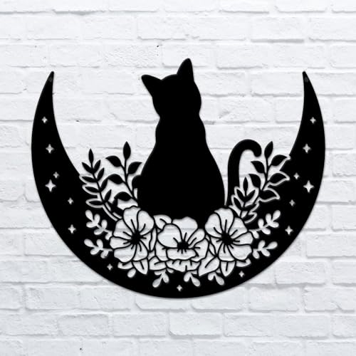 ORIGACH Metall Schwarze Katze und Mond Wanddekoration, Metall Katze und Blume Mond Wanddeko Modernes Metall Hängende Dekoration Ornamente für Schlafzimmer Wohnzimmer Wohnzimmer Küche Innenraum Büro von ORIGACH