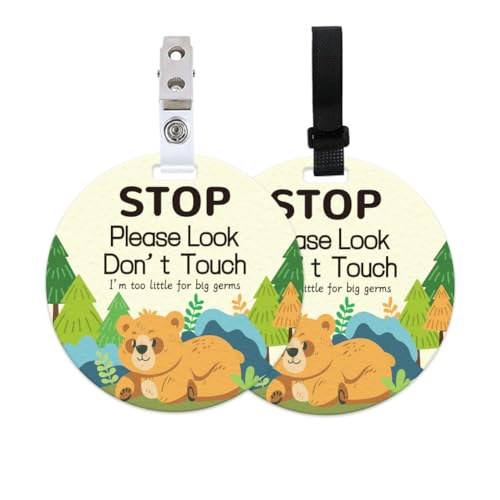 ORIGACH Schild mit Aufschrift "Stop Please Look Don't Touch", Waldbär, kein Berühren von Autositz oder Kinderwagen, mit Schlaufe zum Aufhängen und Clip, Baby-Trageanhänger für Frühchen Neugeborene, 2 von ORIGACH