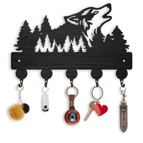 ORIGACH Schwarzwald und Wolf Schlüsselhalter Holz für die Wand 30×16.9cm Holz-Schlüsselhalter mit 5 Metallhaken Wandmontierte Wolfs-Schlüsselhaken für die Haustür Küche Eingangsbereich Flur von ORIGACH