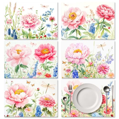 ORIGACH Tischsets Abwaschbar (6er Set) 43 x 30cm, Hitzebeständig Platzsets Abwischbar Platzsets Abgrifffeste Tischsets für Küche Speisetisch, Vintage Blumen von ORIGACH