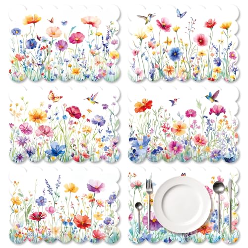 ORIGACH Tischsets Abwaschbar (6er Set) 43 x 30cm, Hitzebeständig Platzsets Abwischbar Platzsets Abgrifffeste Tischsets für Küche Speisetisch, Wildblumen von ORIGACH