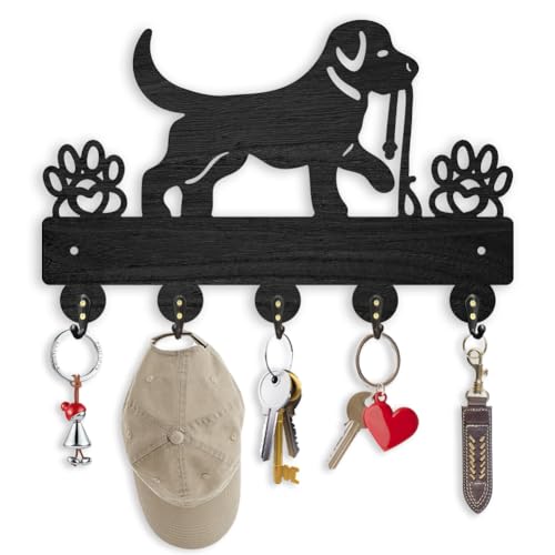 ORIGACH hölzerne Hundeleinenhalter Wand mit 5 Metallhaken Schlüsselhalter für Wand 30×16.9cm Hund Haustier Schlüsselbrett Schwarz für Haustür Küche Eingang Schlafzimmer von ORIGACH