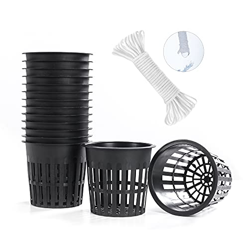 ORIMERC 15 Stück 4inch (10cm) Netztöpfe Hydroponik Net Pot mit 15 Feet Selbstbewässerungsdocht Hydroponischer Becher Mesh Cup Topf Pflanzen Gemüse Orchidee Aquaponik Kratky Hydrokultur Garten Plants von ORIMERC