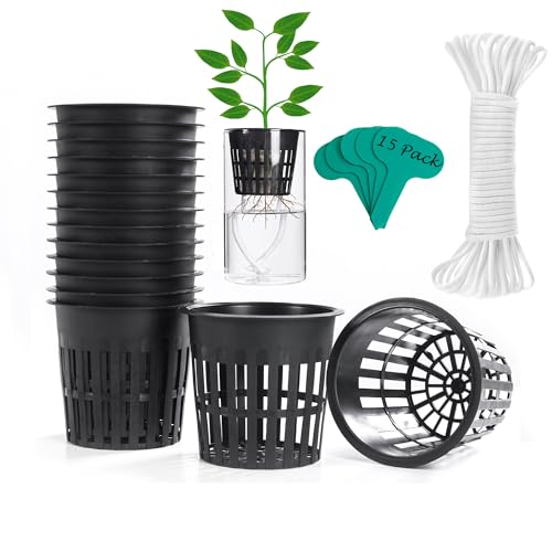 ORIMERC 15 Stück 4inch (10cm) Netztöpfe Hydroponik Net Pot mit 15 Feet Selbstbewässerungsdocht Hydroponischer Becher Mesh Cup Topf Pflanzen Gemüse Orchidee Aquaponik Kratky Hydrokultur Garten Plants von ORIMERC