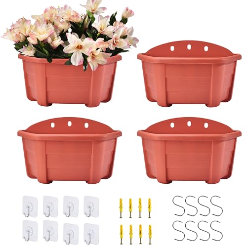 ORIMERC 25cm 4er-Pack Pflanzgefäße zum Aufhängen an der Wand, Kunststoff, Retro-Stil, Geländer, hängende Pflanzgefäße, Pflanzen, Blumen, Kunststofftöpfe, Körbe für Balkon, Zaun, Garten, Ziegelrot von ORIMERC