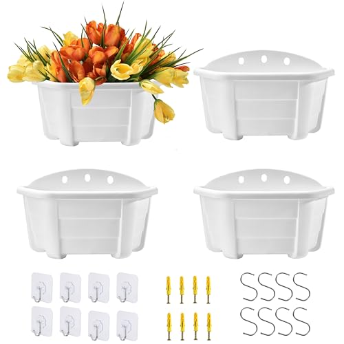 ORIMERC 25cm 4er-Pack Pflanzgefäße zum Aufhängen an der Wand, Kunststoff, Retro-Stil, Geländer, hängende Pflanzgefäße, Pflanzen, Blumen, Kunststofftöpfe, Körbe für Balkon, Zaun, Garten, Weiß von ORIMERC