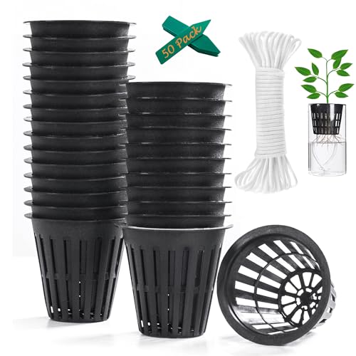 ORIMERC 50 STK 2inch(5cm) Netztöpfe Hydroponik Net Pot mit 50 feet Selbstbewässerungsdocht & 50 STK Pflanzenetiketten Hydroponischer Becher Mesh Cup Topf Gemüse Orchidee Aquaponik Kratky Hydrokultur von ORIMERC